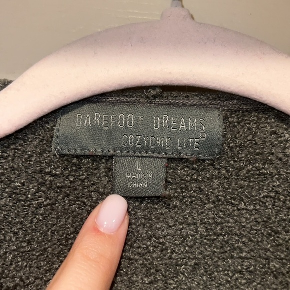 Barefoot Dreams CozyChic Lite Hooded Cardigan with Front Pocket in Gray/Green - Picture 4 of 7